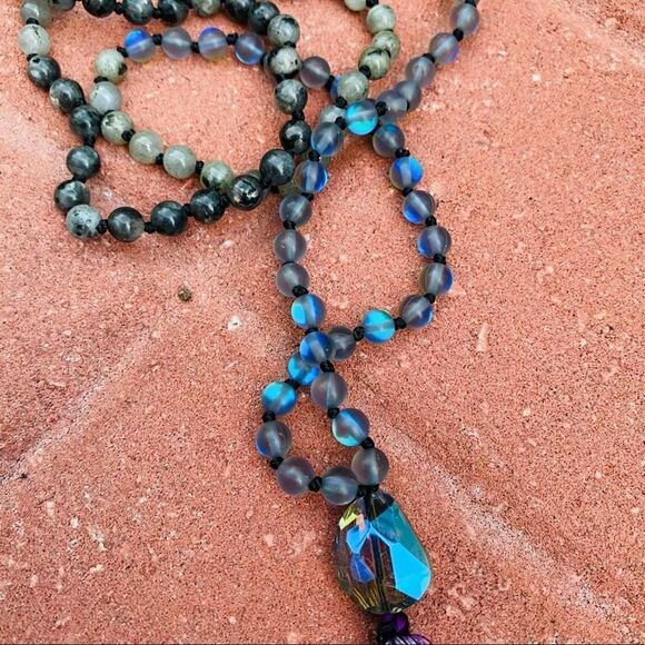 Spiritual Mystery Gemstone Mala Necklace Labradorite and Mermaid Glass - Picture 5 of 6